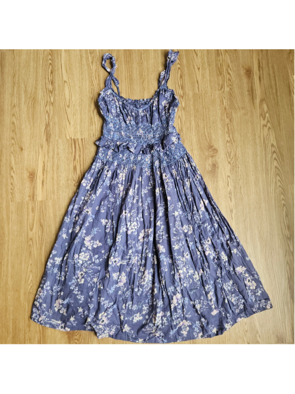 Anthropologie Purple Floral Smocked Ruffle Feminine Boho Midi Dress Womens SP